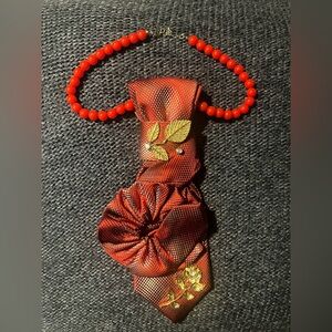 Red Satin Floral Tie Necklace with Gold Leaf Accents